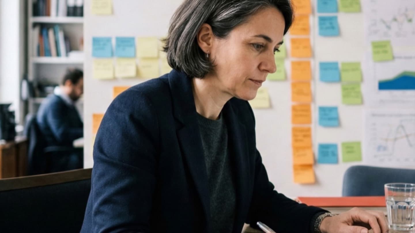 Consultante préparant un cadrage de mission avec notes et tableau de suivi sur ordinateur