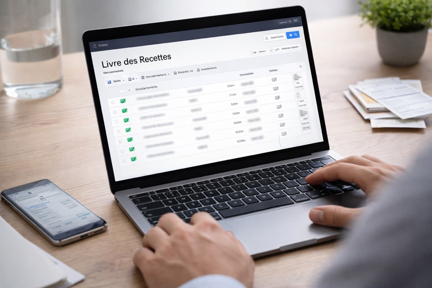 Exemple de livre des recettes numérique sur ordinateur portable avec encaissements et justificatifs pour auto-entrepreneur