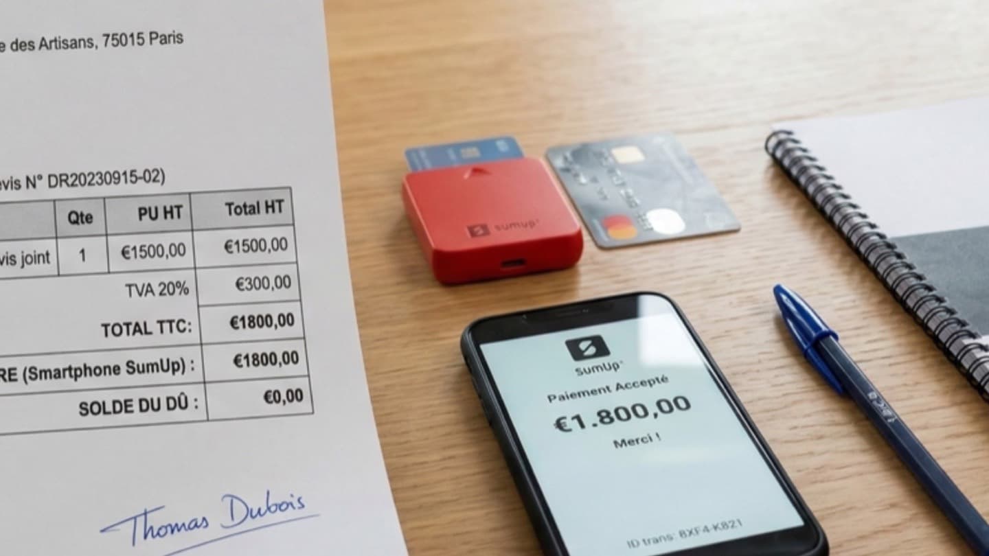 Facture d'acompte, smartphone de paiement et devis de travaux posés sur une table
