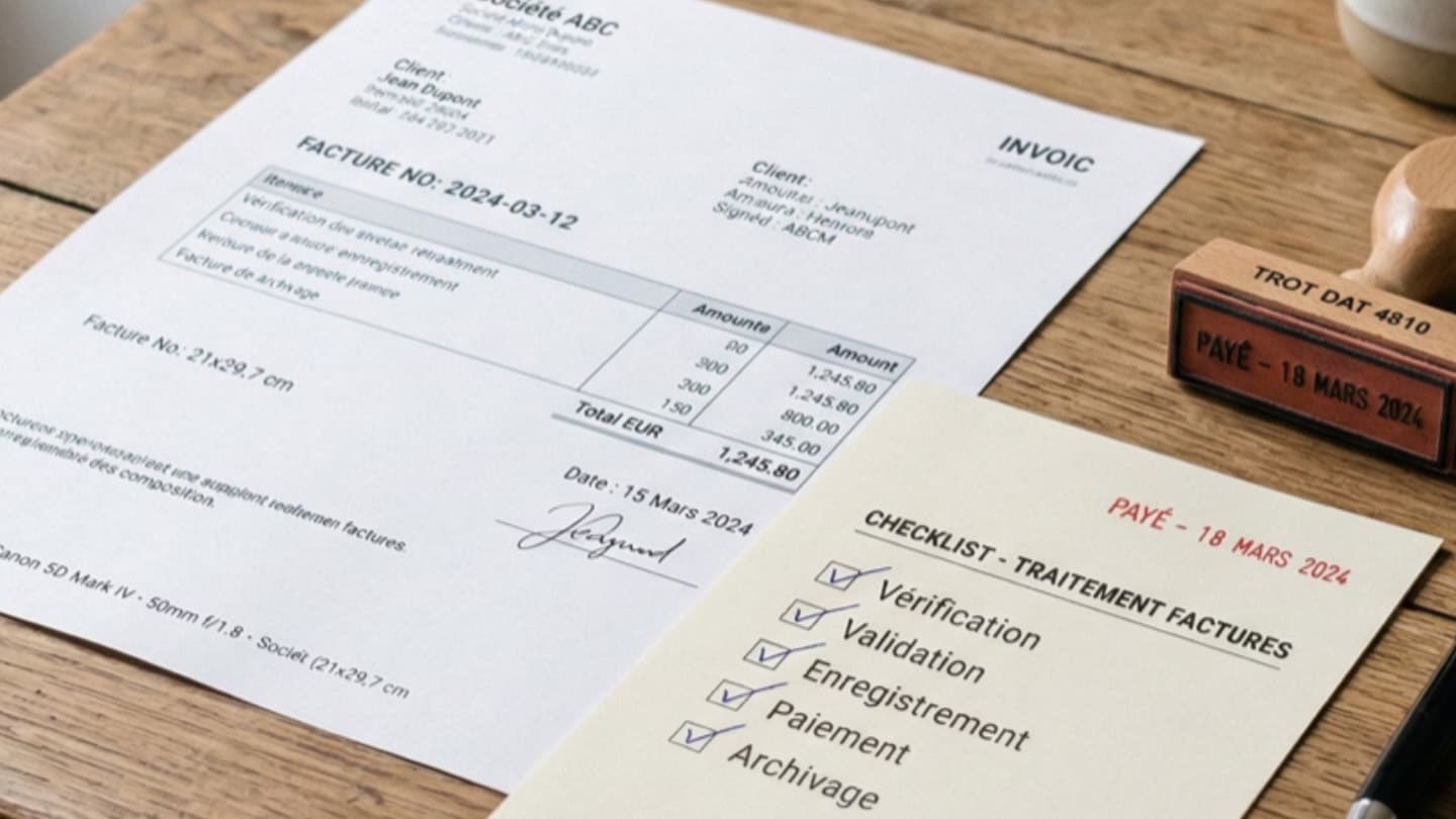 Facture papier, tampon payé et checklist de traitement sur un bureau