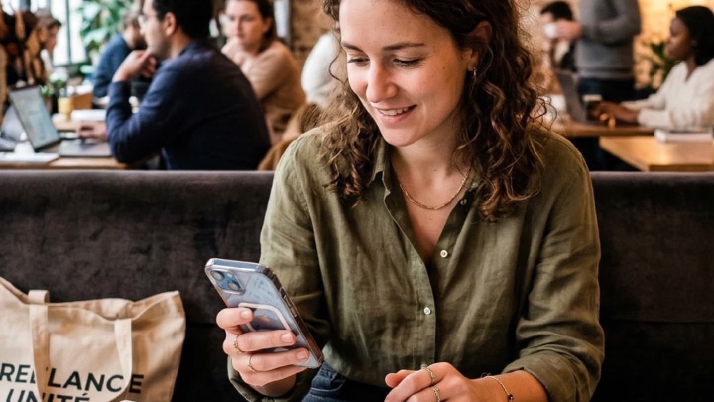 Community manager freelance vérifiant une facture sur tablette dans un espace de coworking