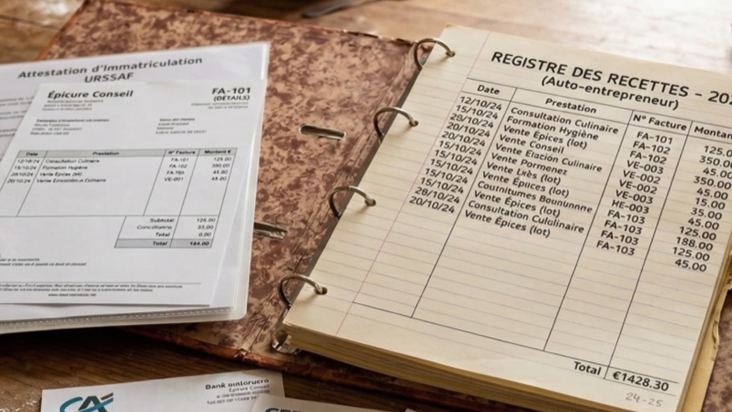 Registre des recettes, factures et calculatrice ouverts sur une table