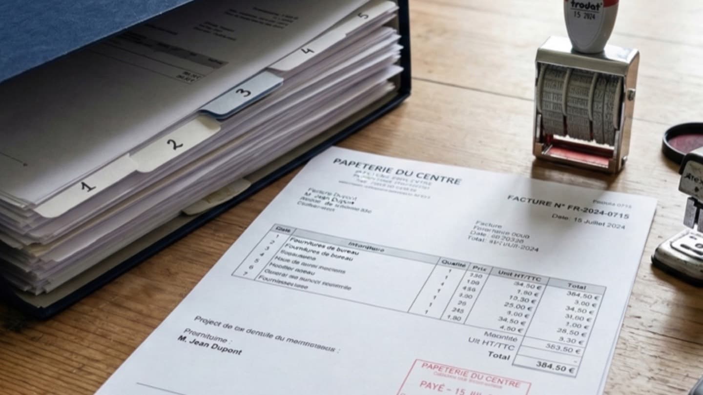 Classeur d'archives, facture payée et calculatrice sur une table de travail