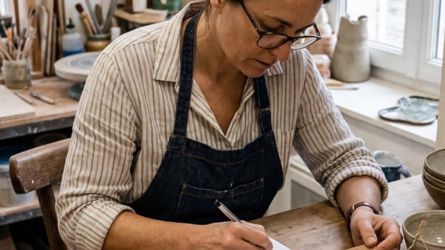 Artisane auto-entrepreneure calculant ses prix et sa TVA dans son atelier