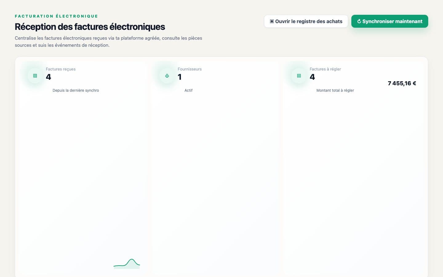 Réception des factures électroniques FluxMicro avec factures reçues, registre des achats et historique de réception