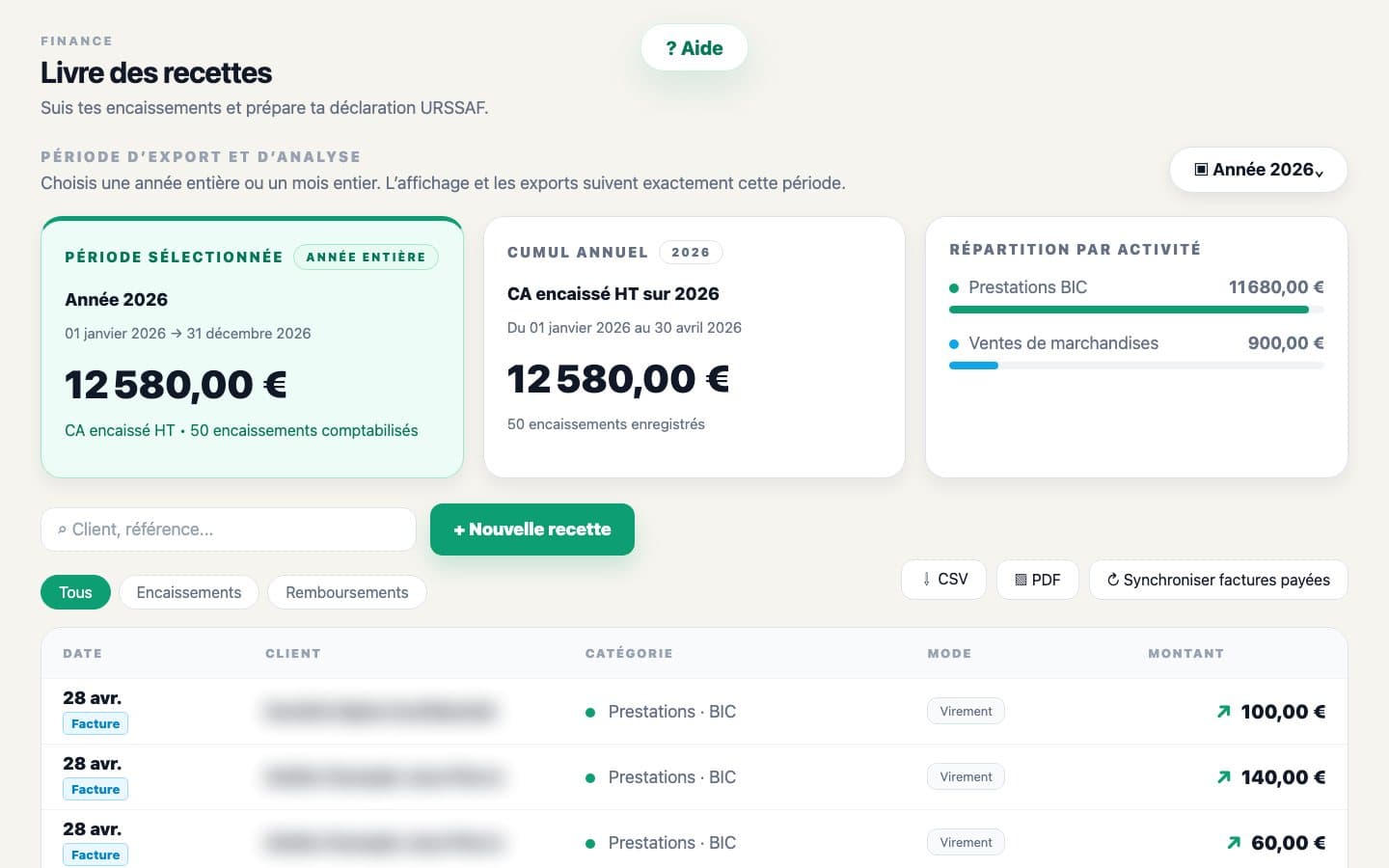 Livre des recettes FluxMicro avec encaissements, remboursements et filtres de période