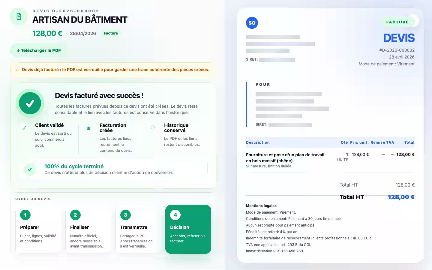 Devis FluxMicro facturé pour artisan du bâtiment auto-entrepreneur avec cycle de facturation et aperçu du document