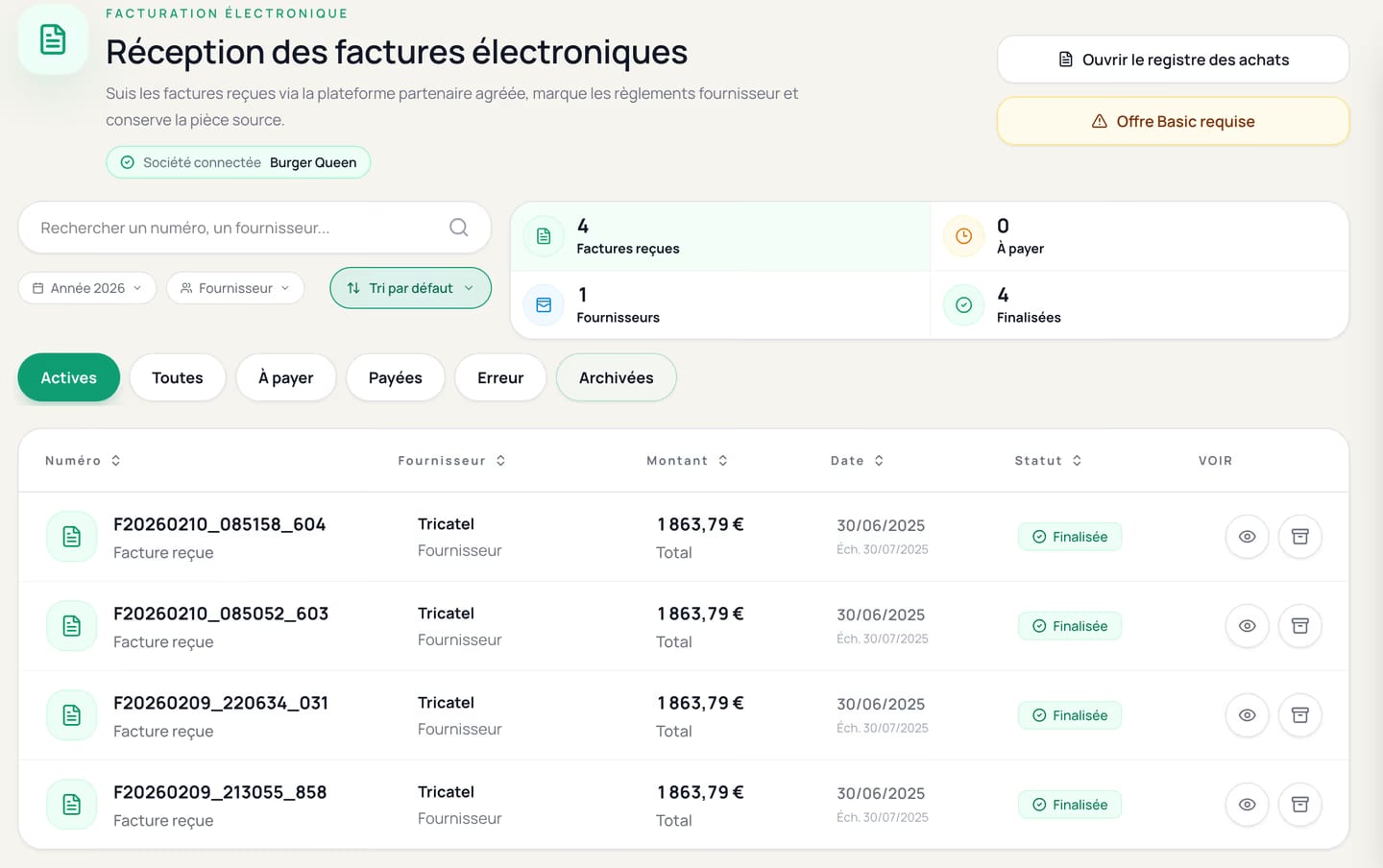 Réception des factures électroniques FluxMicro avec factures reçues, registre des achats et historique de réception