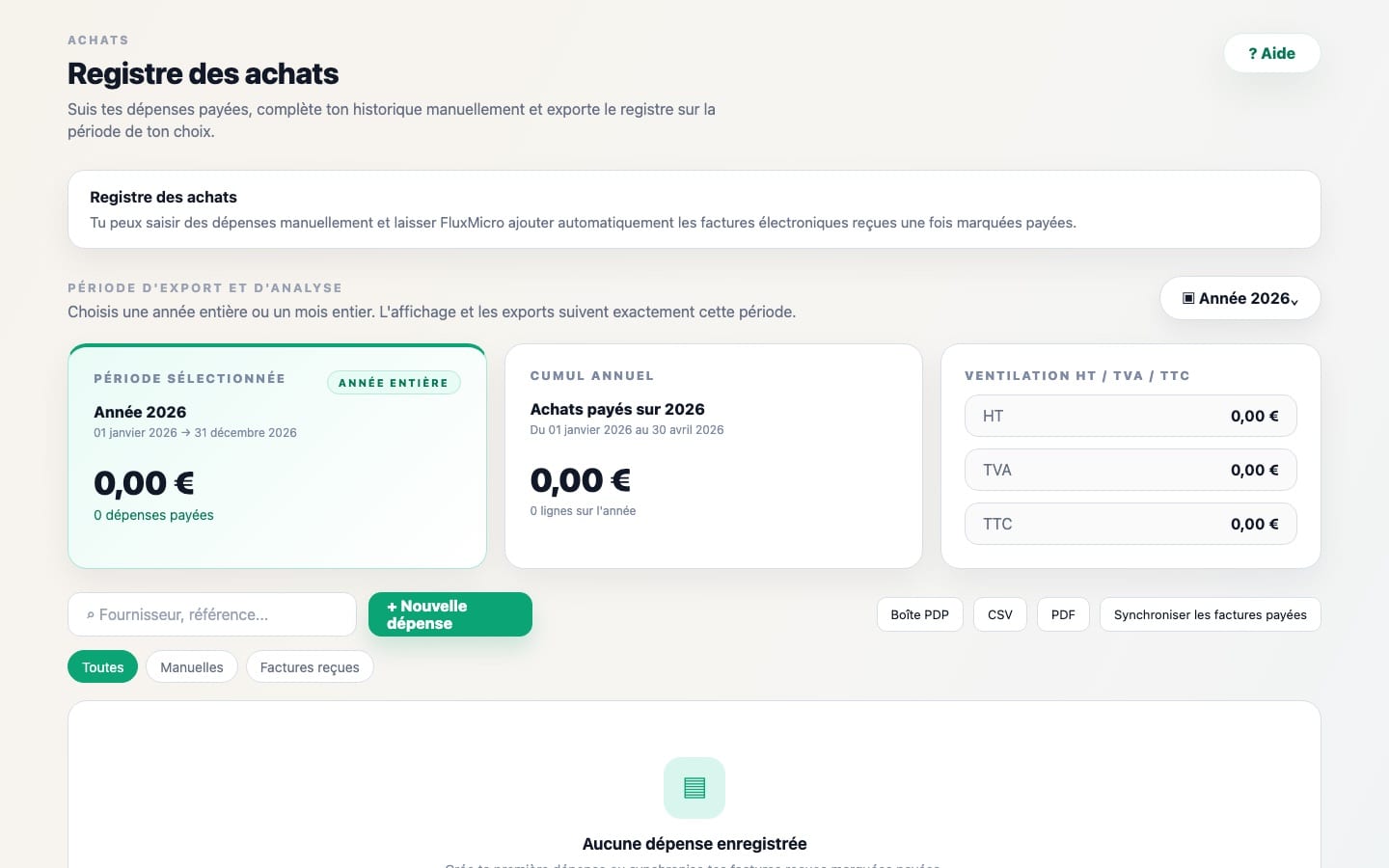 Registre des achats FluxMicro avec période d'export, ventilation HT TVA TTC et ajout de dépense
