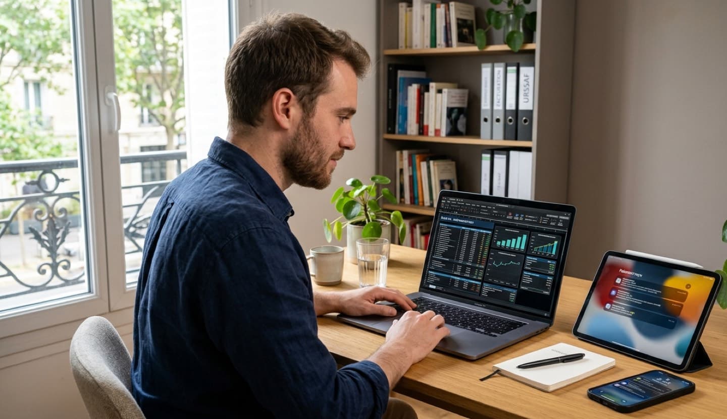 Calcul du chiffre d'affaires URSSAF auto-entrepreneur sur ordinateur avec tableau de bord financier, tablette et smartphone