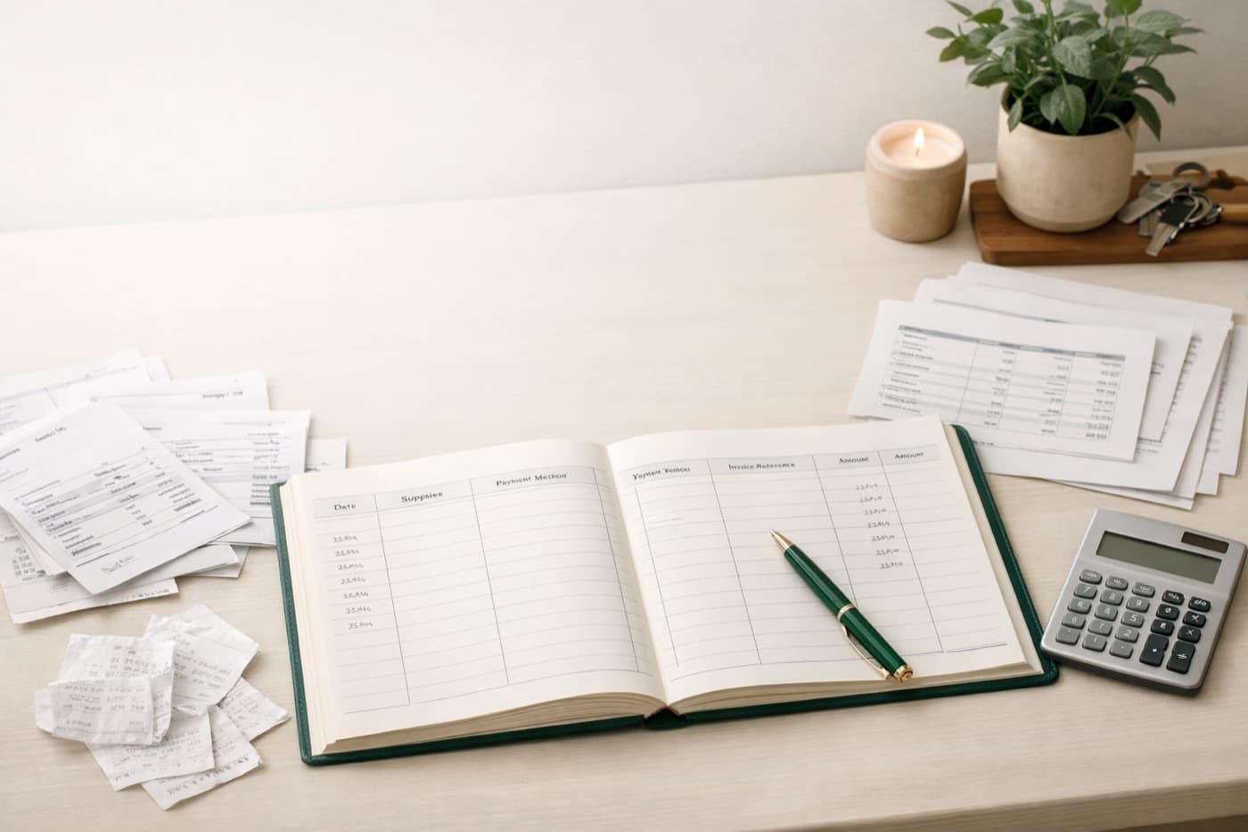 Factures fournisseurs, tickets et registre des achats posés sur un bureau