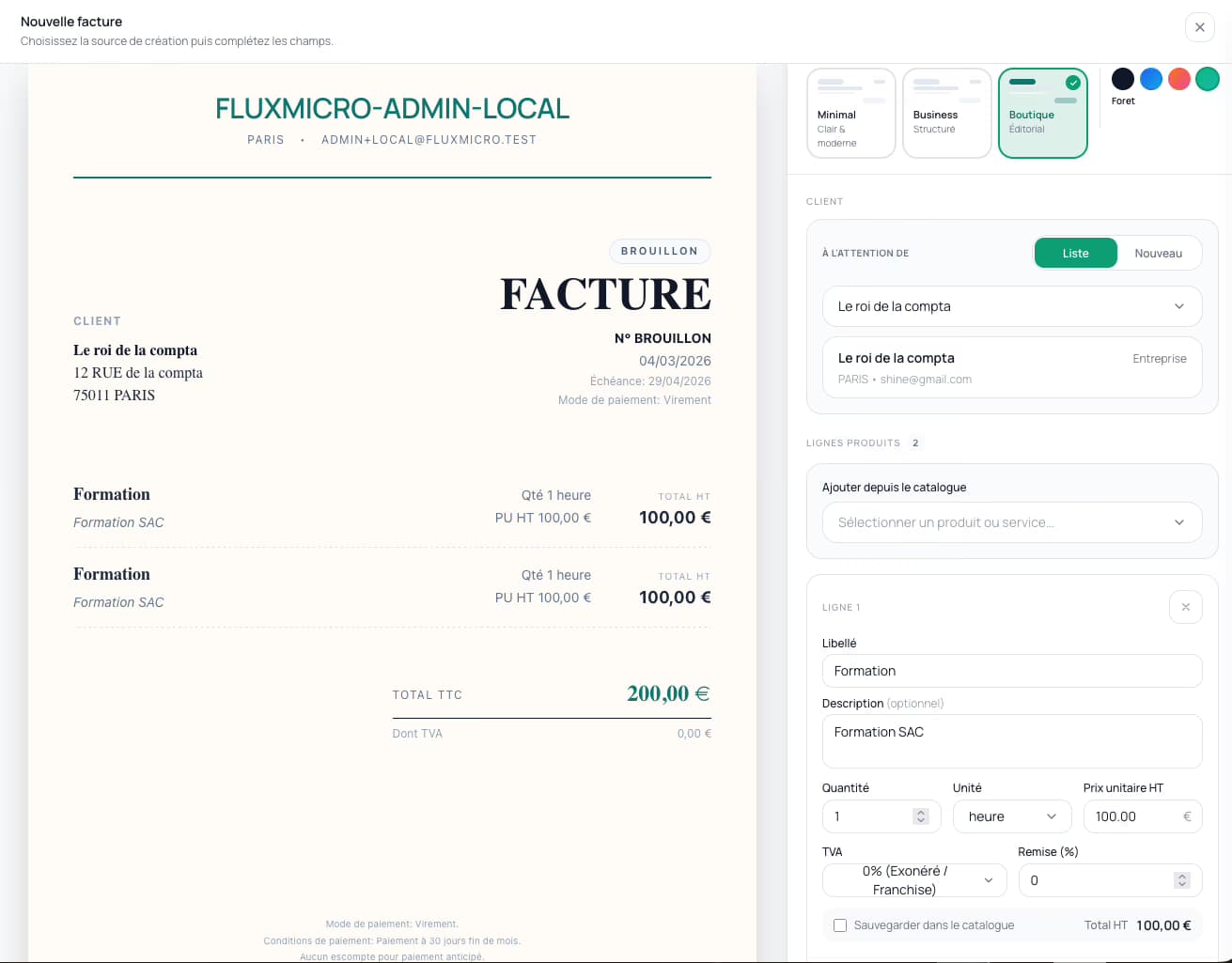 Éditeur de facture FluxMicro avec aperçu PDF et informations client pour auto-entrepreneur