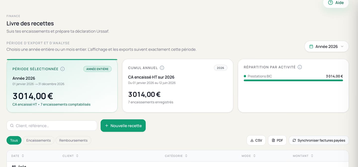Livre des recettes FluxMicro avec encaissements, remboursements et filtres de période