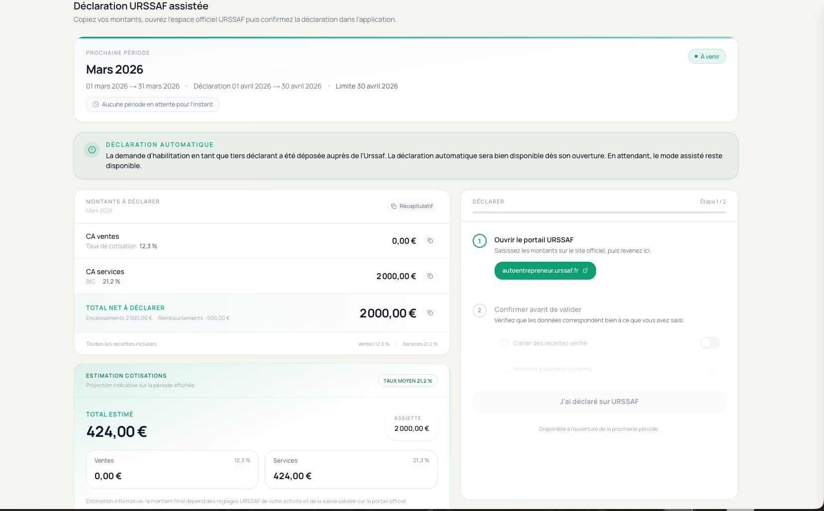 Suivi Urssaf FluxMicro avec période déclarative, estimation de cotisations sociales et montant à déclarer pour auto-entrepreneur