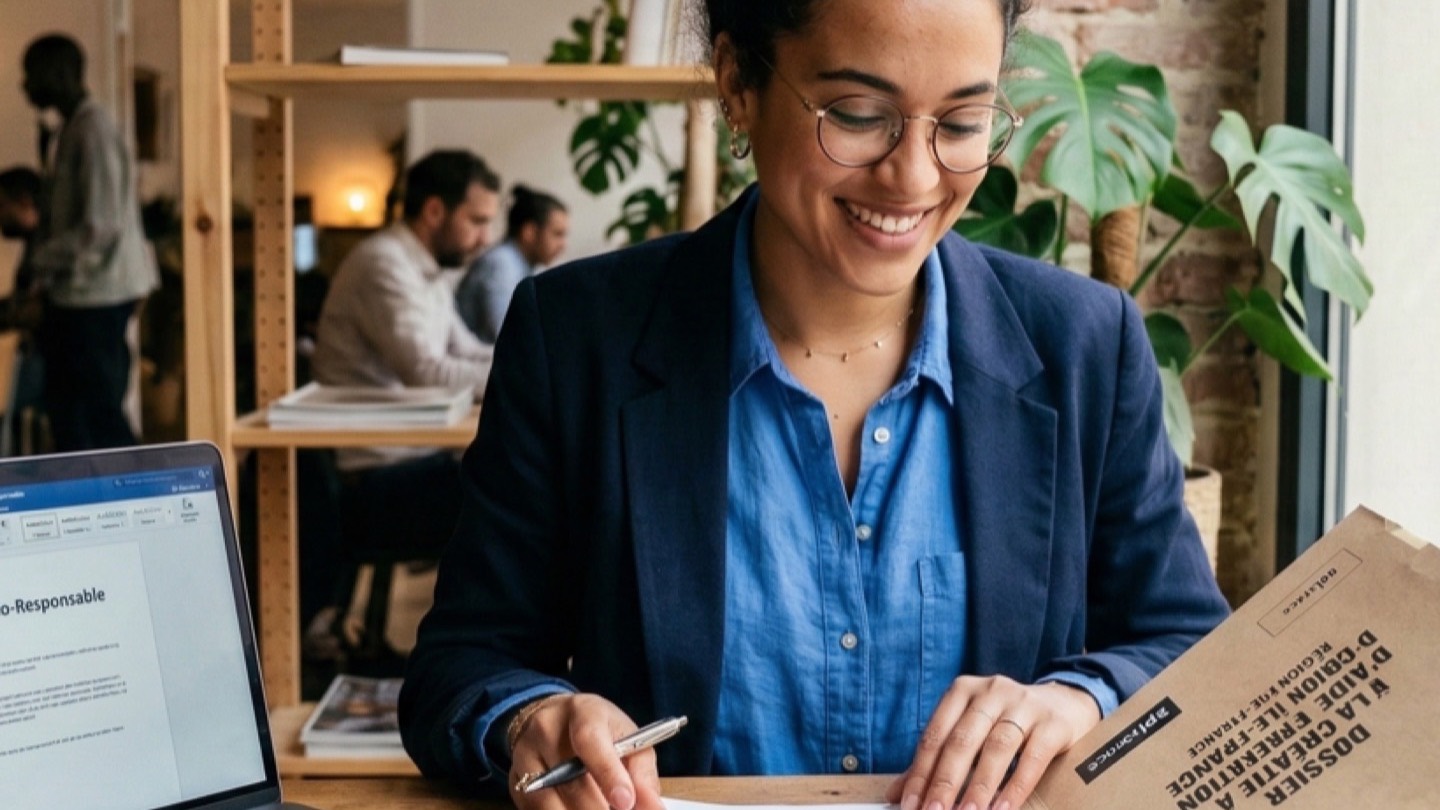 Créatrice d'entreprise relisant un dossier de demande d'ACRE à côté de son ordinateur