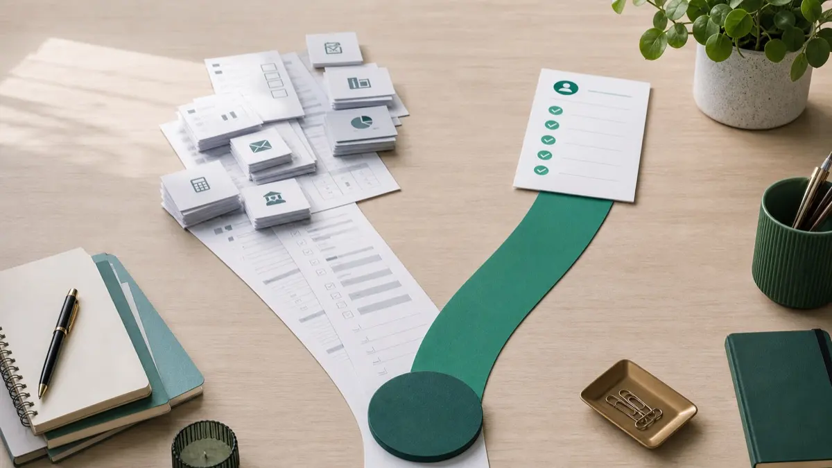 Bifurcation entre une pile de documents administratifs et un chemin simple pour choisir une alternative auto-entrepreneur