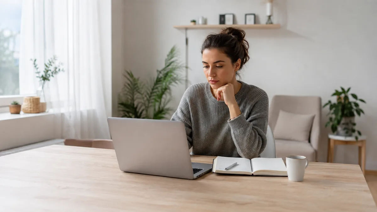 Auto-entrepreneure comparant deux outils de facturation sur son ordinateur portable, carnet de notes ouvert à côté