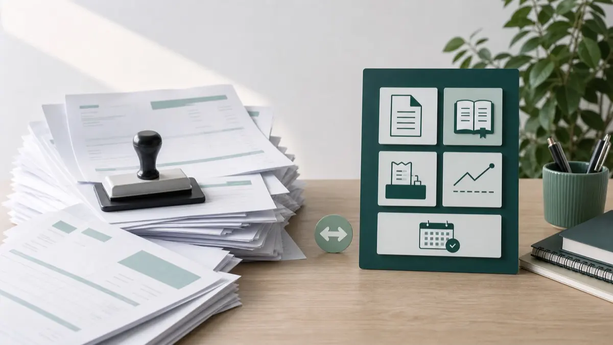 Pile de factures et panneau de gestion micro-entreprise pour comparer facturation gratuite et outil ciblé