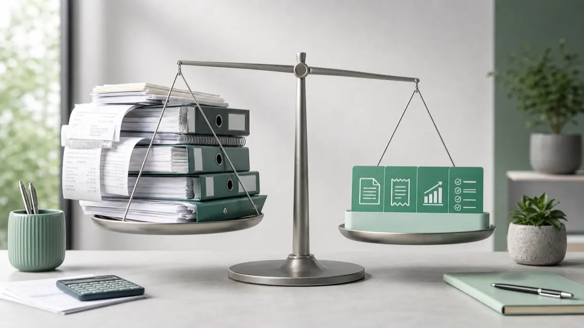 Balance comparant une pile de dossiers comptables et une gestion micro-entreprise plus légère