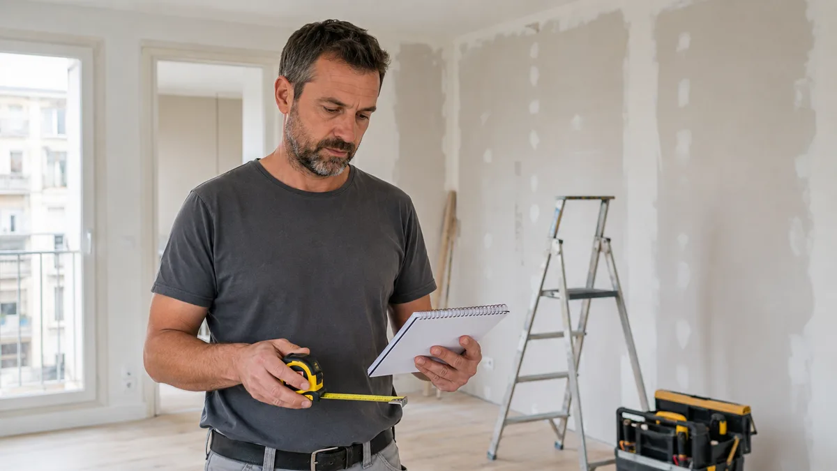 Artisan du bâtiment auto-entrepreneur préparant un devis sur chantier, mètre et carnet à la main