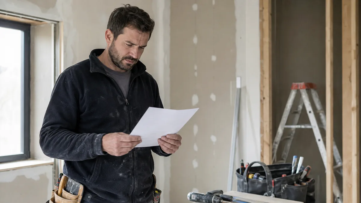Artisan du bâtiment auto-entrepreneur relisant son attestation d'assurance décennale sur un chantier de rénovation