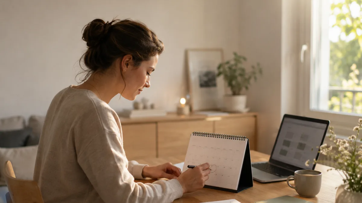 Auto-entrepreneure entourant au stylo une échéance de déclaration Urssaf sur son calendrier de bureau