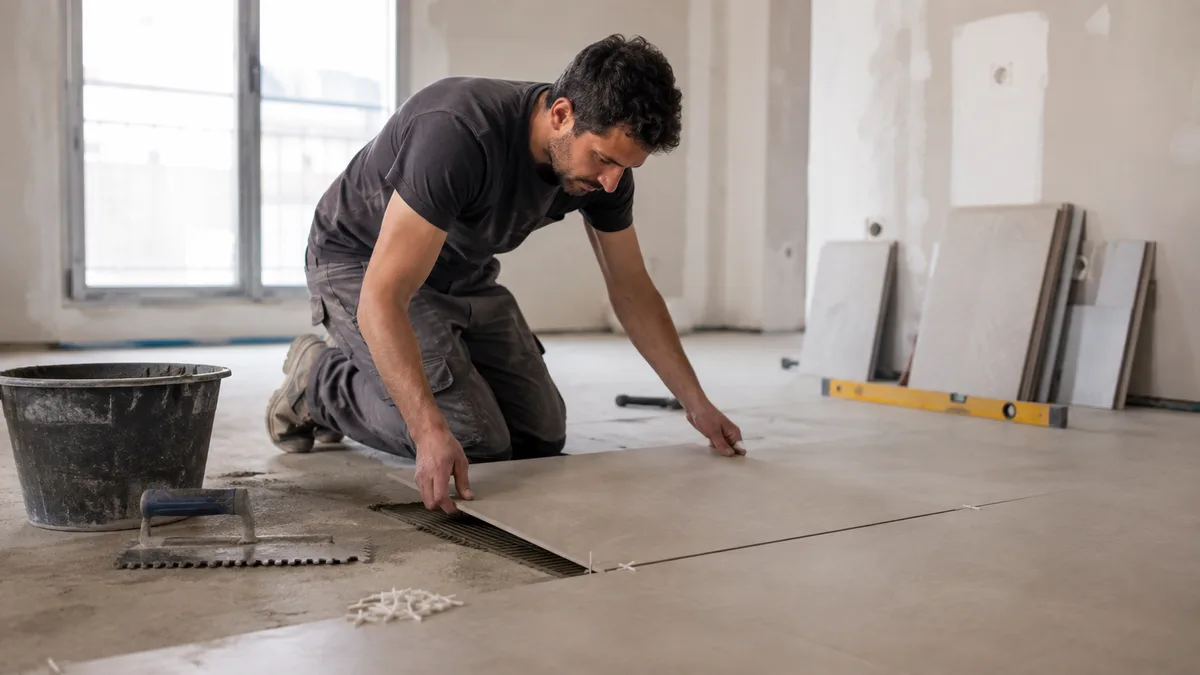 Carreleur auto-entrepreneur posant du carrelage grand format sur une chape avec croisillons et niveau à bulle