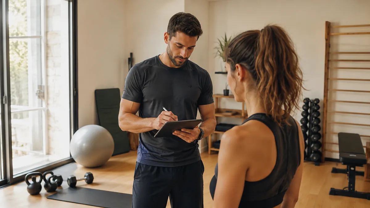 Coach sportif indépendant notant le programme d'une cliente sur sa tablette dans une salle lumineuse