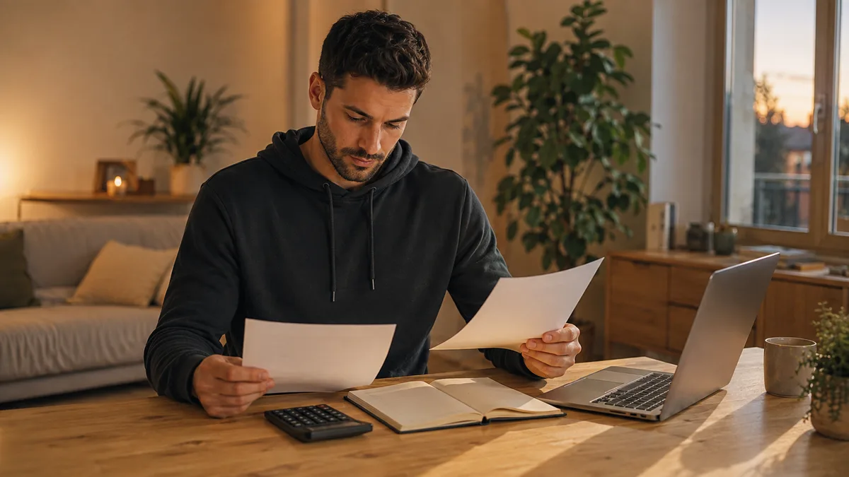 Coach sportif comparant deux feuillets, calculatrice et carnet ouverts sur la table de son salon