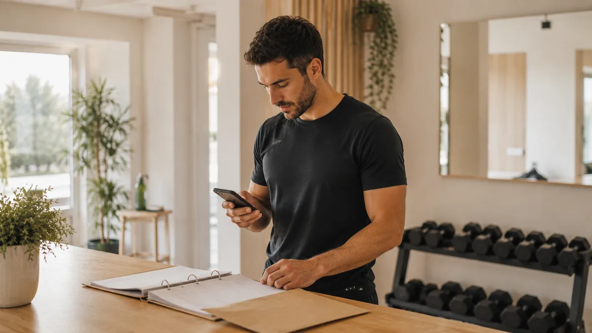 Coach sportif consultant son téléphone au comptoir de sa salle, classeur et courrier administratif ouverts