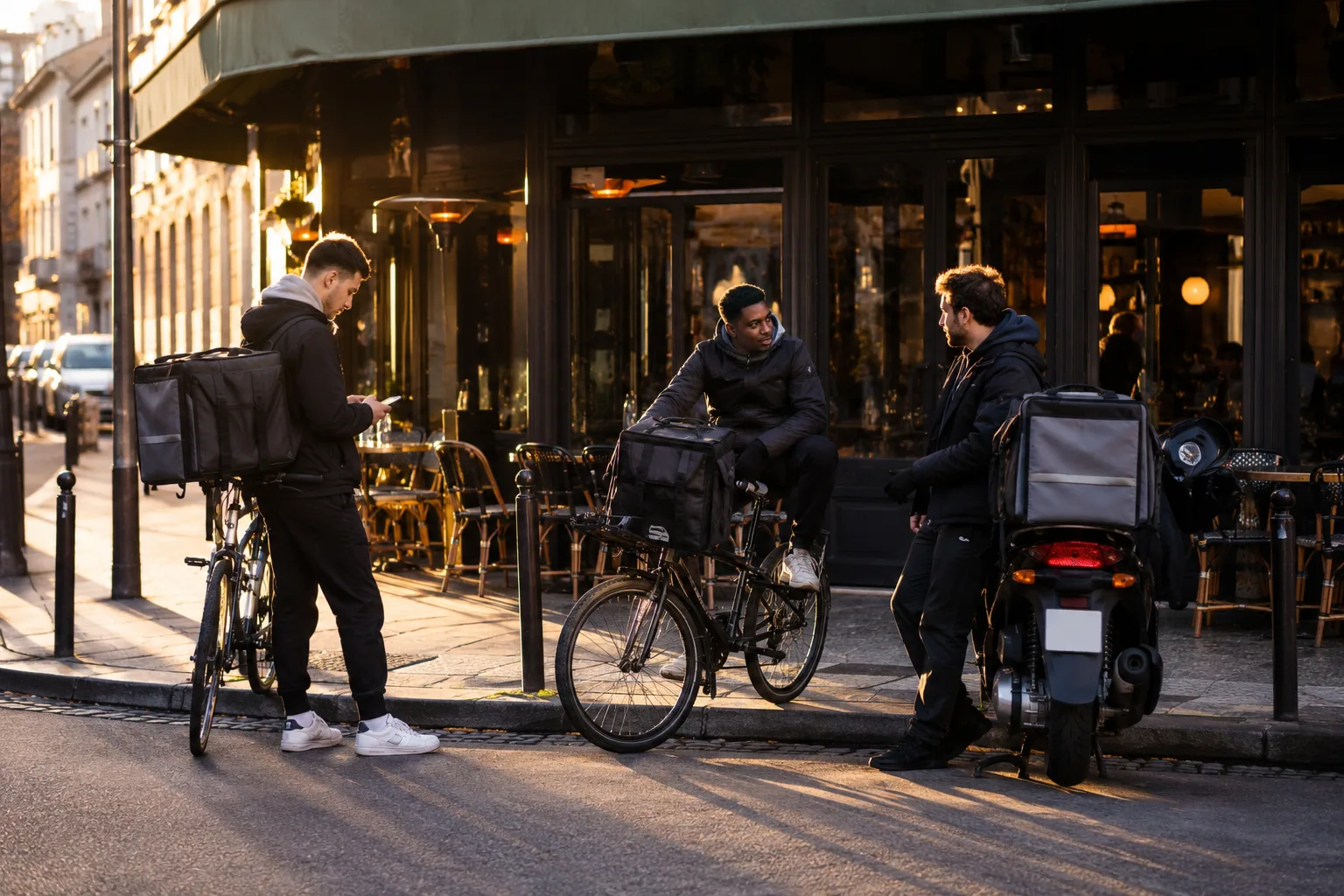 Trois livreurs de plateforme à vélo et à scooter, arrêtés devant un restaurant en fin de journée
