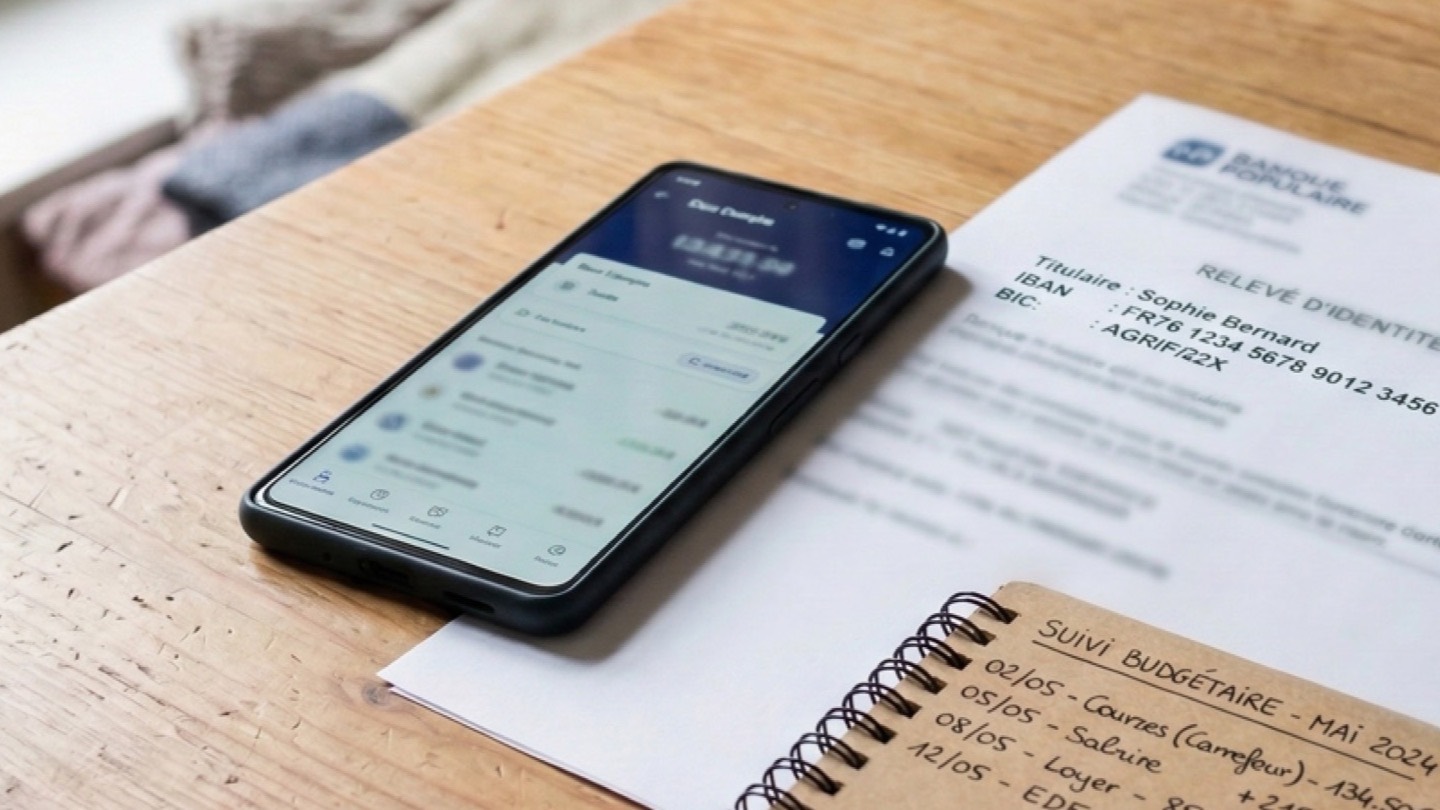 Téléphone bancaire, relevé d'identité bancaire et carnet de suivi budgétaire sur une table