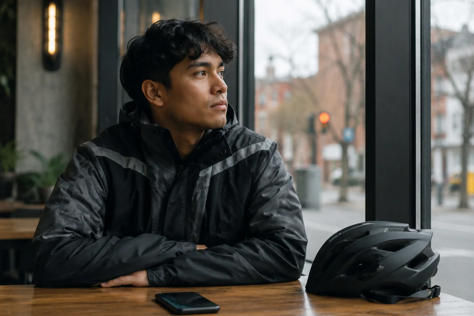 Livreur assis à la table d'un café, casque de vélo et smartphone posés devant lui, regard tourné vers la rue