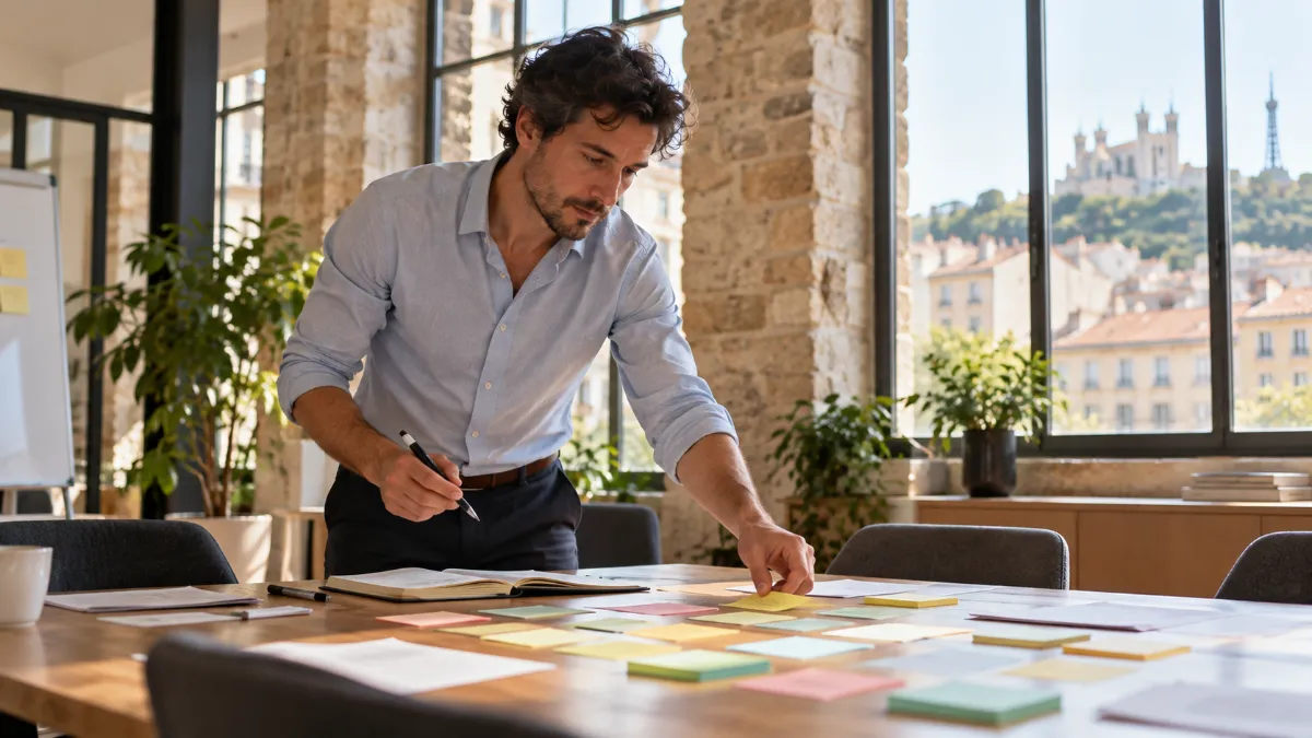 Consultant indépendant préparant un atelier client avec des notes manuscrites dans une salle de réunion lumineuse