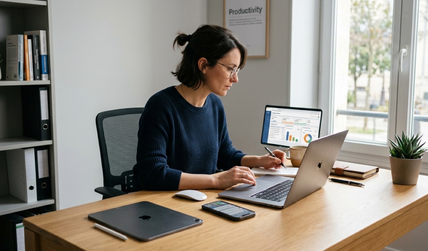 Auto-entrepreneure analysant une estimation de cotisations sociales URSSAF sur ordinateur selon son activité