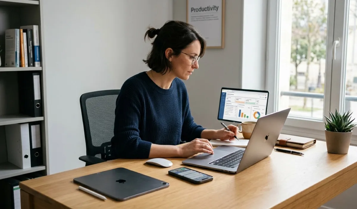 Auto-entrepreneure analysant une estimation de cotisations sociales Urssaf sur ordinateur selon son activité