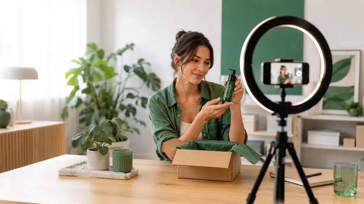 Créateur de contenu UGC filmant un produit de marque dans un studio maison
