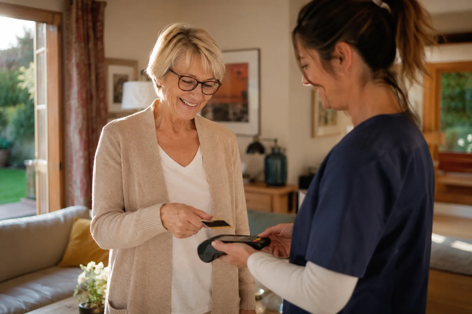 Femme de ménage auto-entrepreneuse remettant une facture avec mention du crédit d'impôt à sa cliente