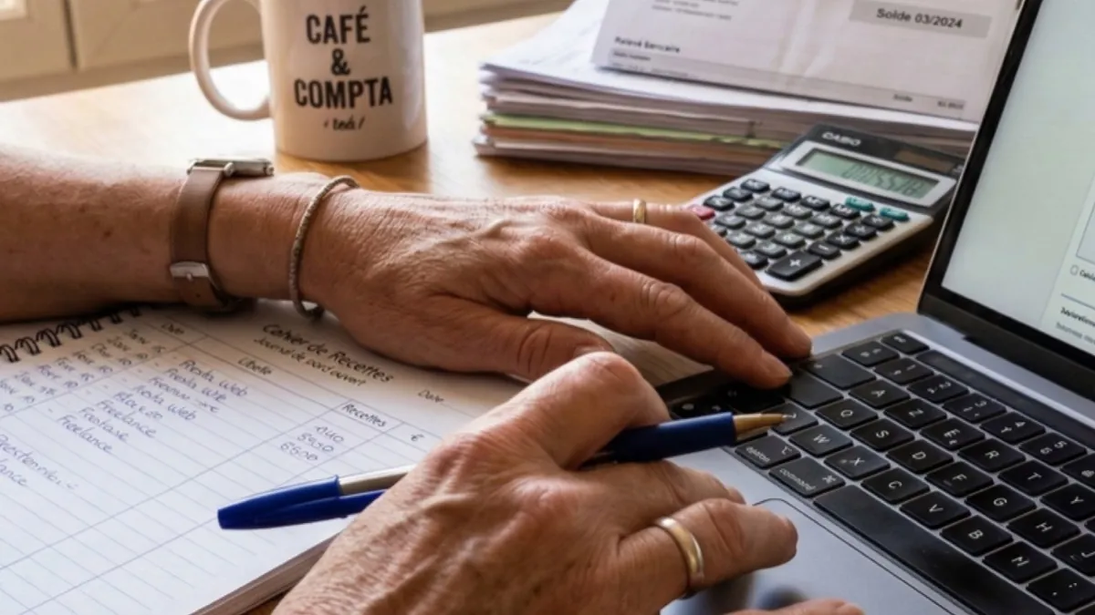 Déclaration de chiffre d'affaires Urssaf ouverte sur un ordinateur avec livre de recettes et calculatrice