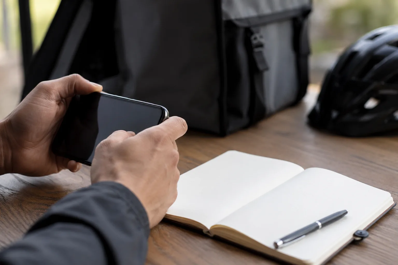 Livreur indépendant tenant son smartphone au-dessus d'un carnet ouvert, sac de livraison et casque de vélo posés sur la table