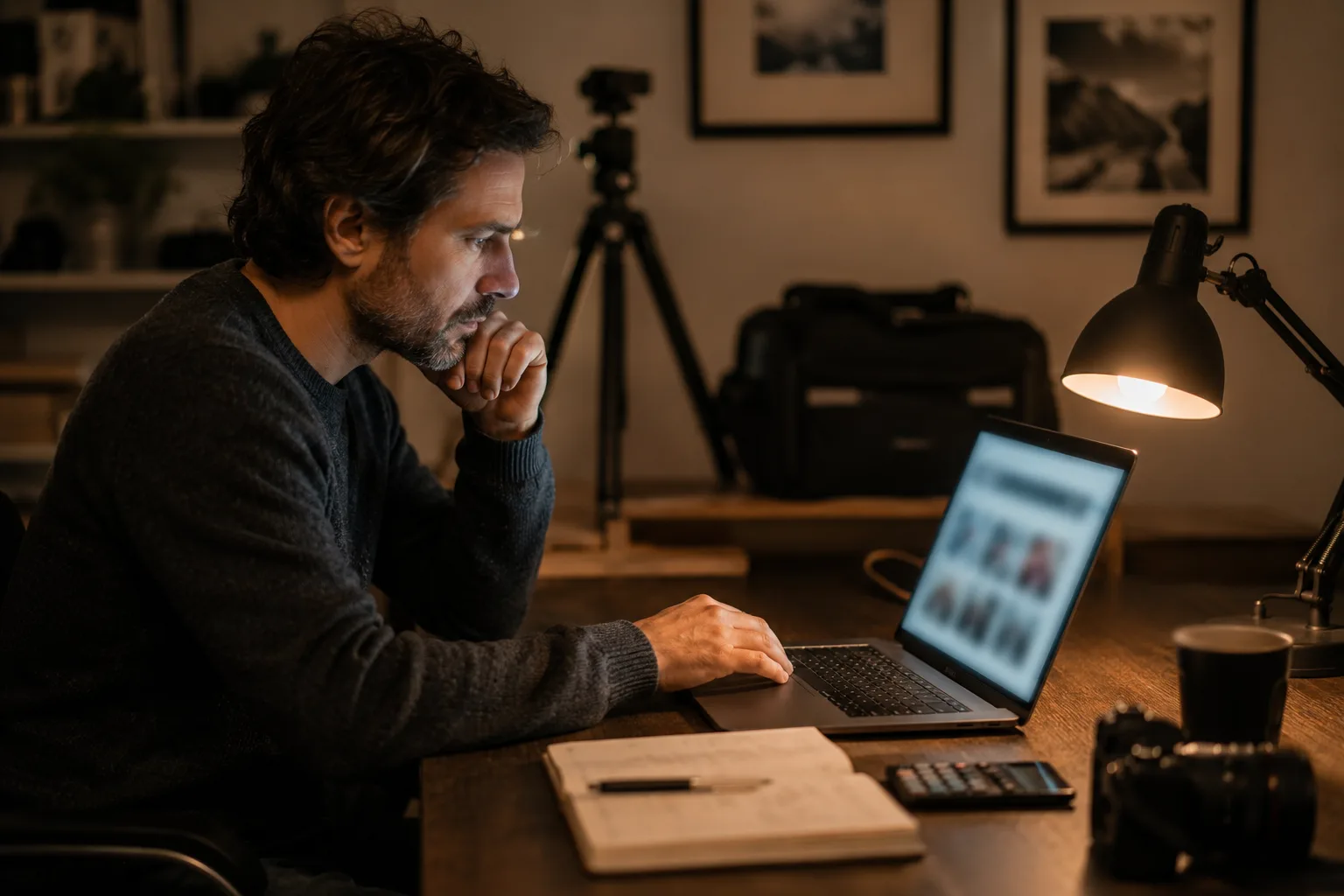 Photographe auto-entrepreneur préparant sa déclaration Urssaf sur un ordinateur portable dans son studio