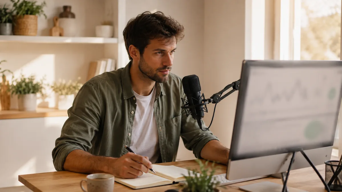 Créateur de contenu consultant ses revenus de plateformes sur son écran, micro et carnet posés sur le bureau