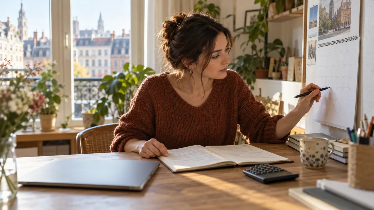 Auto-entrepreneuse à son bureau, carnet de recettes ouvert et calculatrice, vérifiant une date sur son calendrier