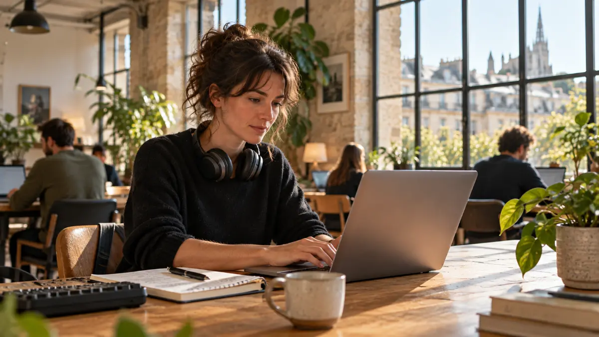 Développeuse freelance travaillant sur un ordinateur portable dans un espace de coworking aux grandes fenêtres