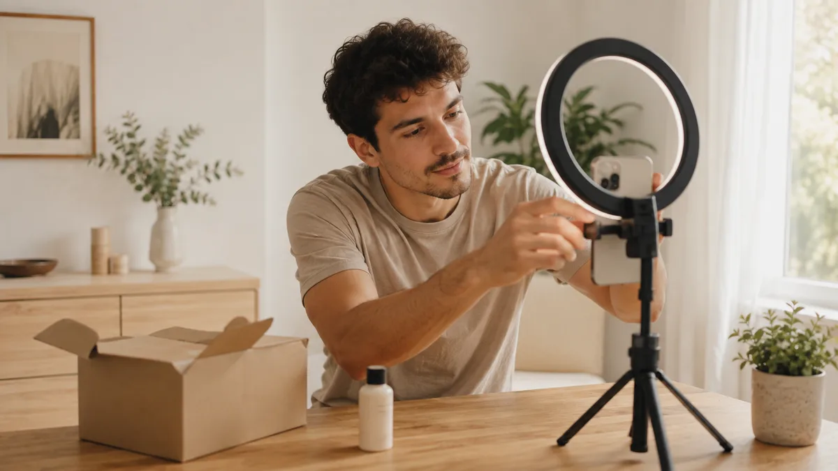 Créateur de contenu UGC réglant son smartphone sur trépied et son anneau lumineux avant un tournage produit
