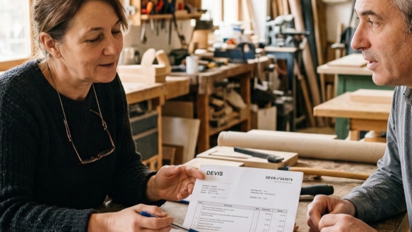 Indépendante présentant un devis papier à un client dans un atelier