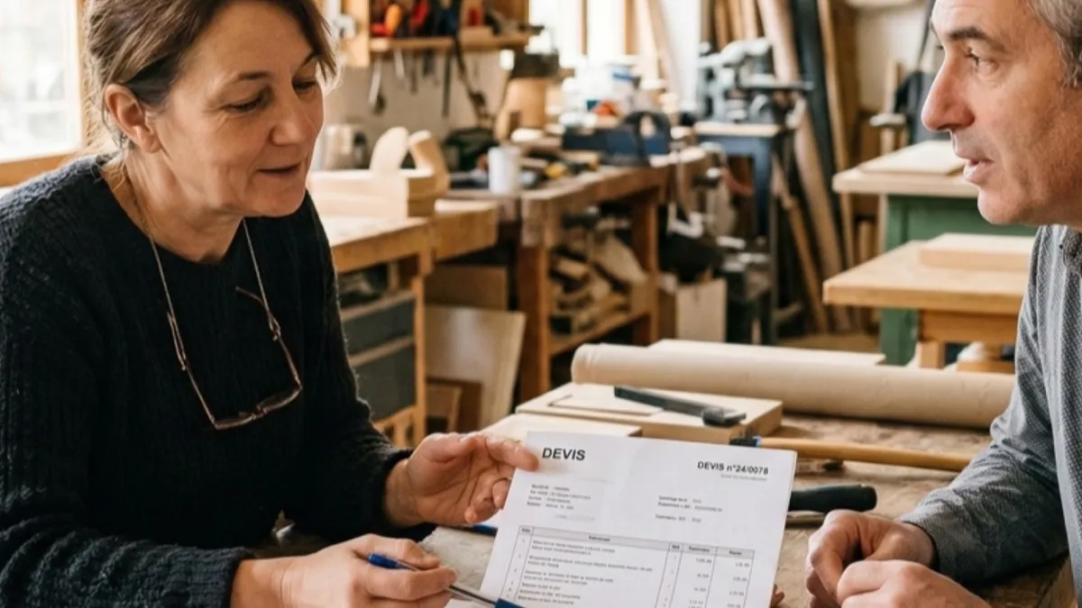 Indépendante présentant un devis papier à un client dans un atelier