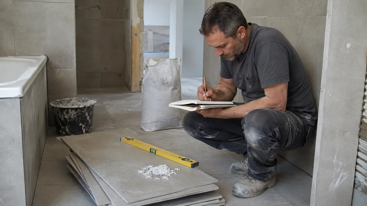 Artisan carreleur auto-entrepreneur établissant un devis de rénovation de salle de bain sur un chantier