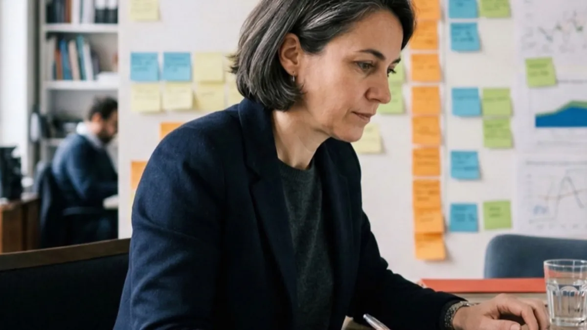 Consultante préparant un cadrage de mission avec notes et tableau de suivi sur ordinateur