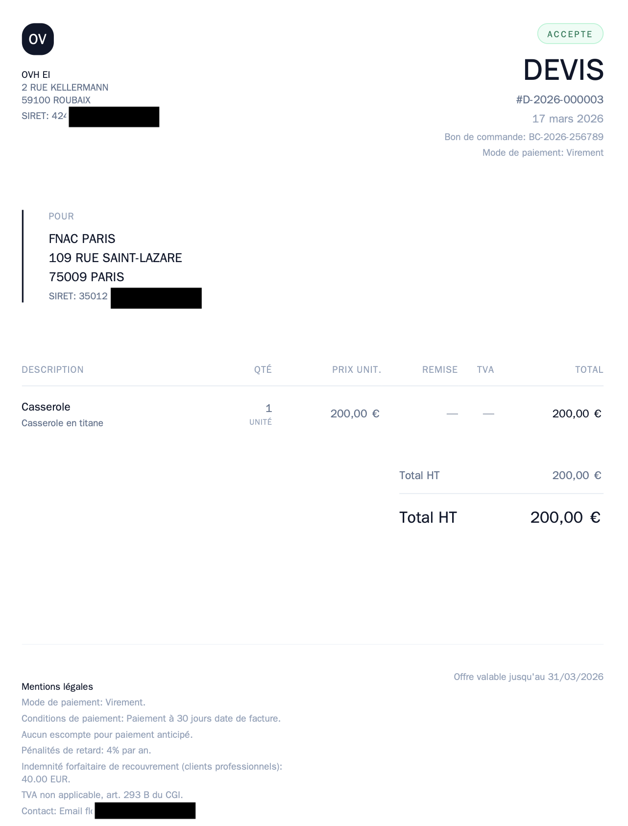 Exemple de devis auto-entrepreneur pour prestation de service généré avec FluxMicro